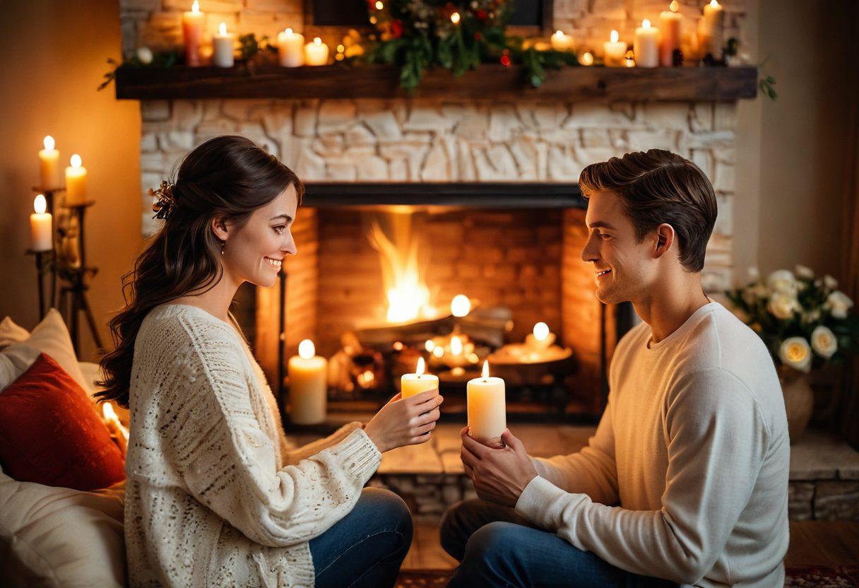 A cozy scene of a couple engaged in a heartfelt conversation beside a warm fireplace, surrounded by soft lighting and romantic decorations like candles and flowers. The couple radiates warmth and closeness, with faint heart motifs subtly integrated in the background. Include symbols of passion such as intertwined hands or a love letter nearby. super-realistic. warm colors. soft focus.