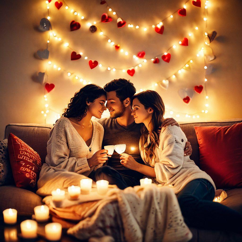 A cozy and intimate scene featuring a couple sitting together on a couch, engaged in deep conversation, surrounded by heart-shaped decorations and soft, warm lighting. Include elements like a steaming cup of tea, a handwritten love letter, and cozy blankets to evoke warmth and connection. The background should be softly blurred to emphasize the couple's bond. dreamy ambiance. soft focus. warm colors. light bokeh.