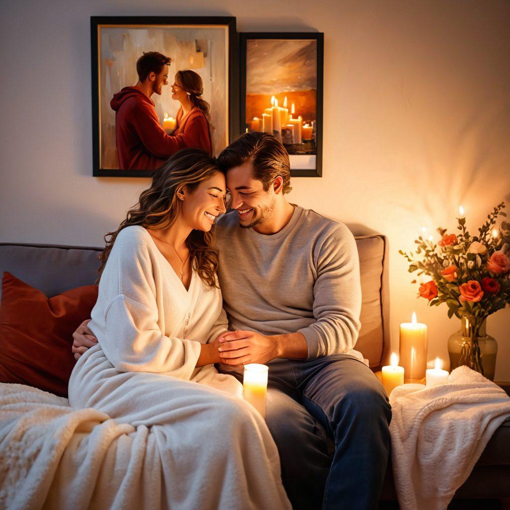 A heartwarming scene of a couple in a cozy living room, surrounded by glowing candles and soft blankets, sharing a heartfelt moment. Their smiles radiate warmth, with a backdrop of framed memories on the walls, symbolizing love and connection. The ambiance is intimate, showcasing gentle light and soft textures, for an inviting atmosphere. painting. vibrant colors. warm tones.